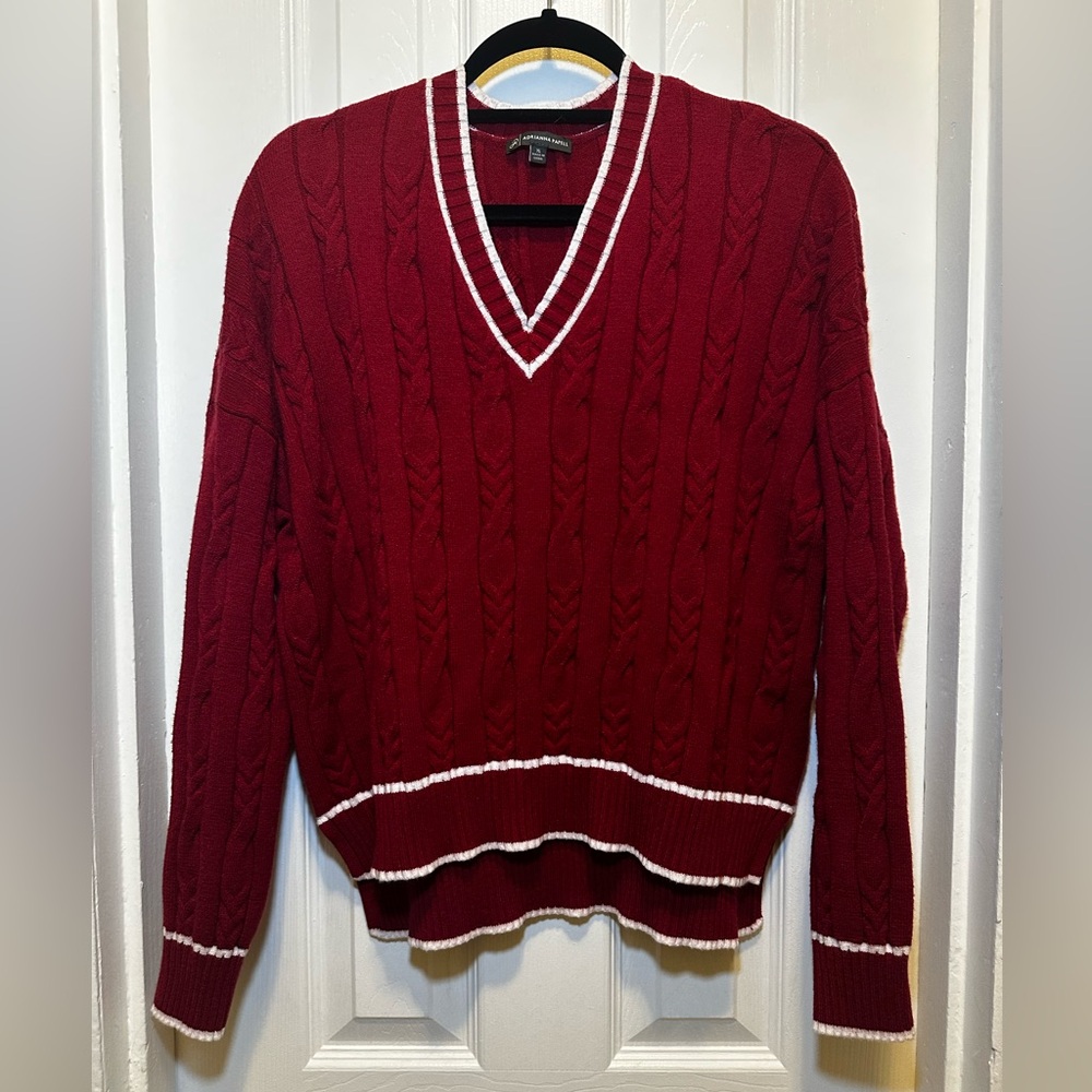 Adrianna Papell Burgundy Cable Knit V-Neck Sweater with Cream Trim